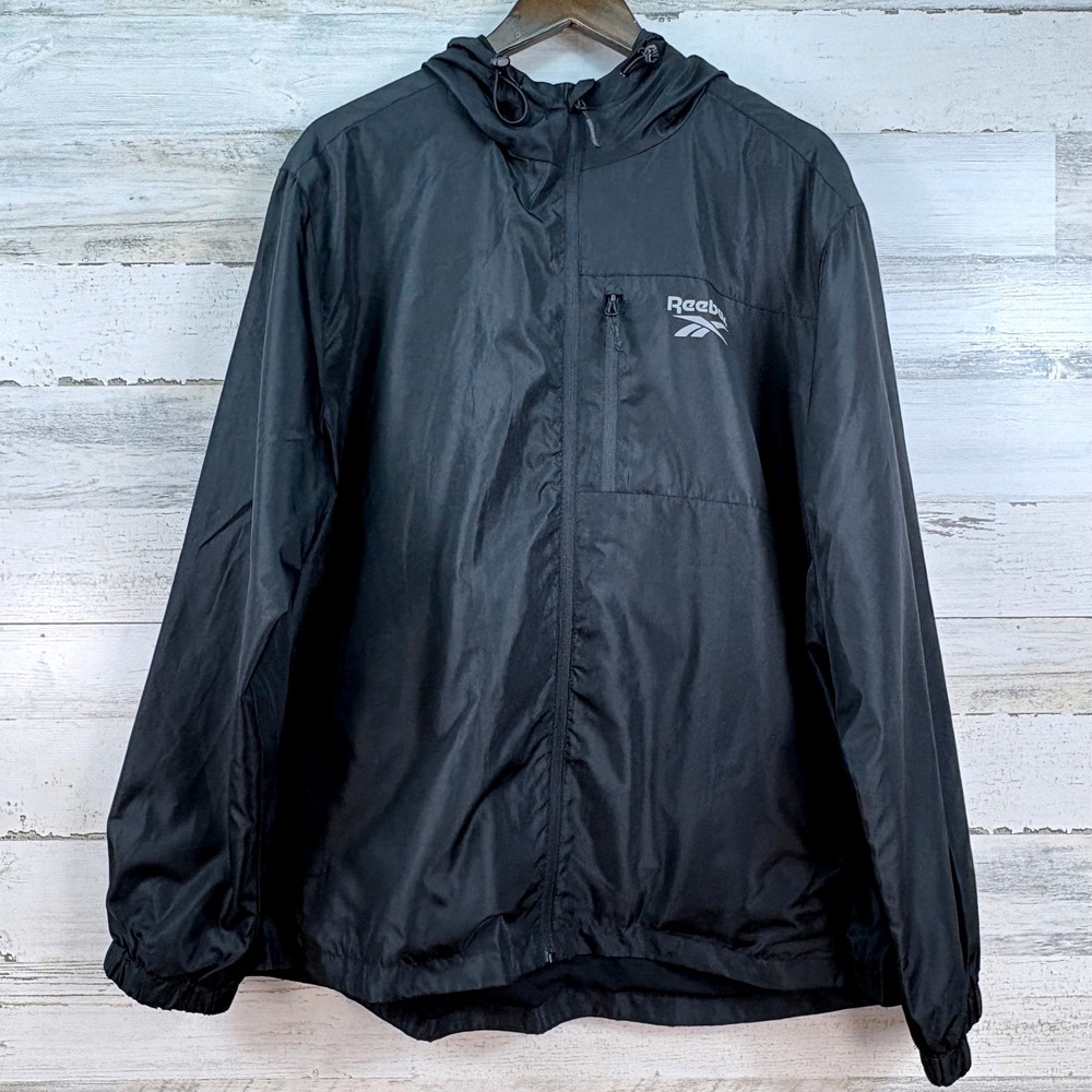 Reebok Men Black Hooded Rain Windbreaker Full Zip Jacket XL NWT Gorpcore Utility